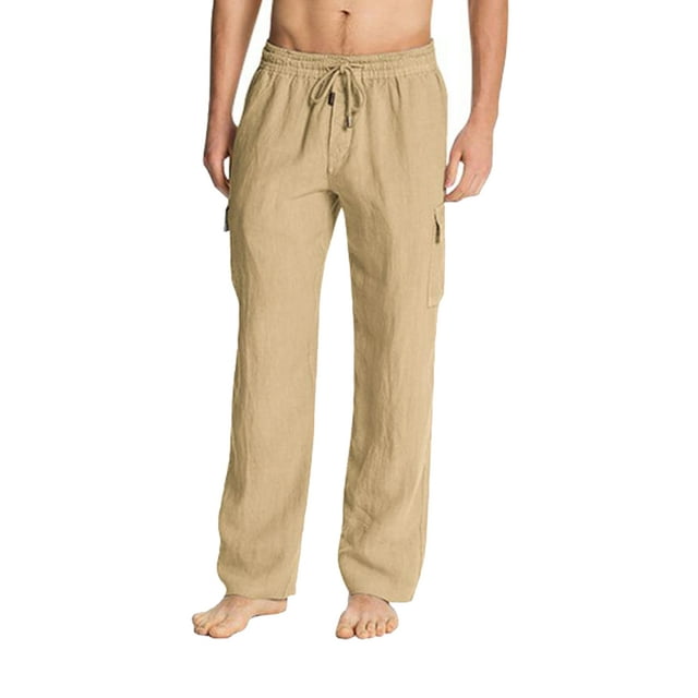 Men's Drawstring Cotton Linen Pants Solid Color Elastic Waist Relaxed ...