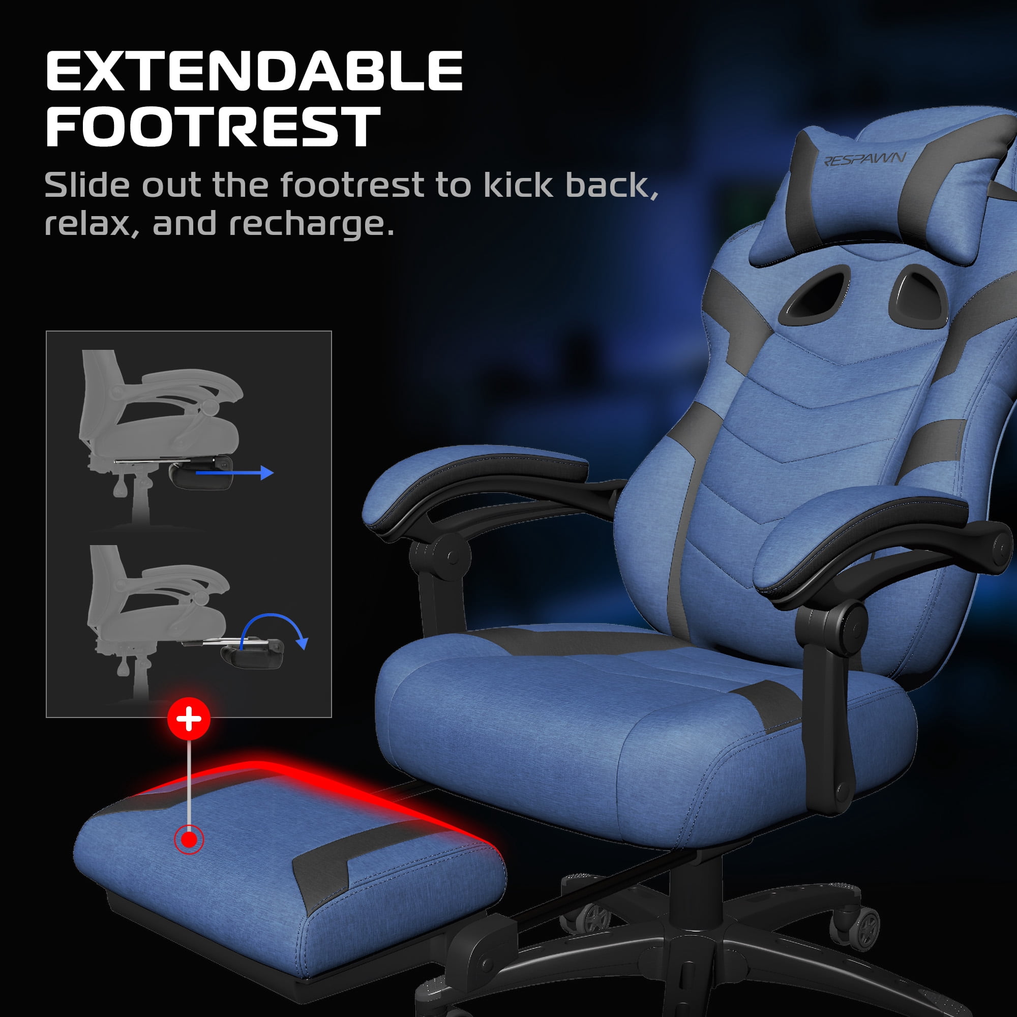 RESPAWN 110 Pro Ergonomic Gaming Chair with Footrest for Adults - Comfortable Office Gaming Recliner with Lumbar Support and Headrest, Racing Style Video Game Chairs for Computer Gamer - Blue Fabric