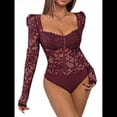 thumbnail image 2 of Body de Larga con Encaje Floral Transparente para Mujer, Top con Escote Corazón Vino Tinto S, 2 of 10