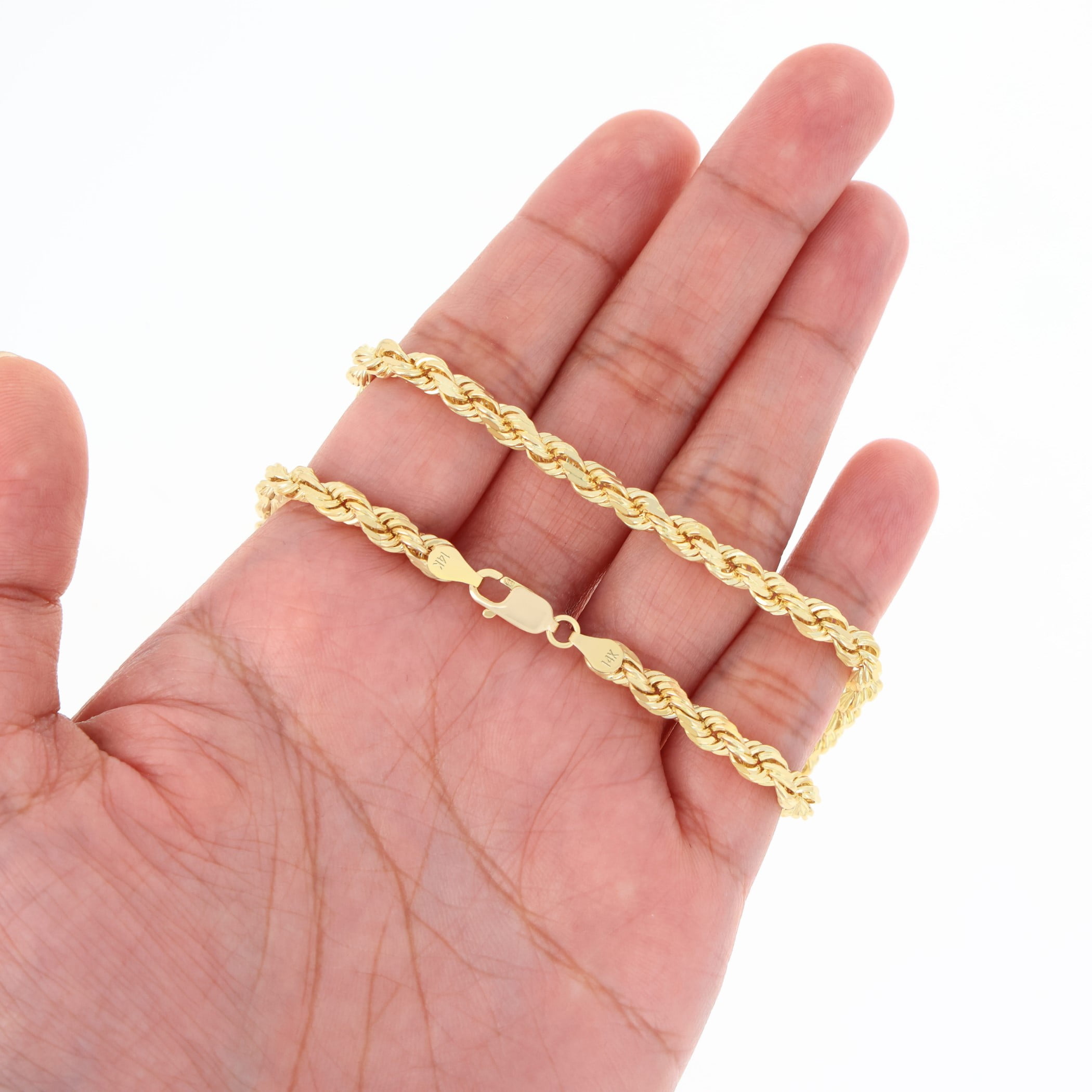 Nuragold 14K Real Yellow Gold Solid Rope Diamond Cut Chain Bracelet 7"-9" (1.5mm-10mm) Italian Jewelry for Men & Women