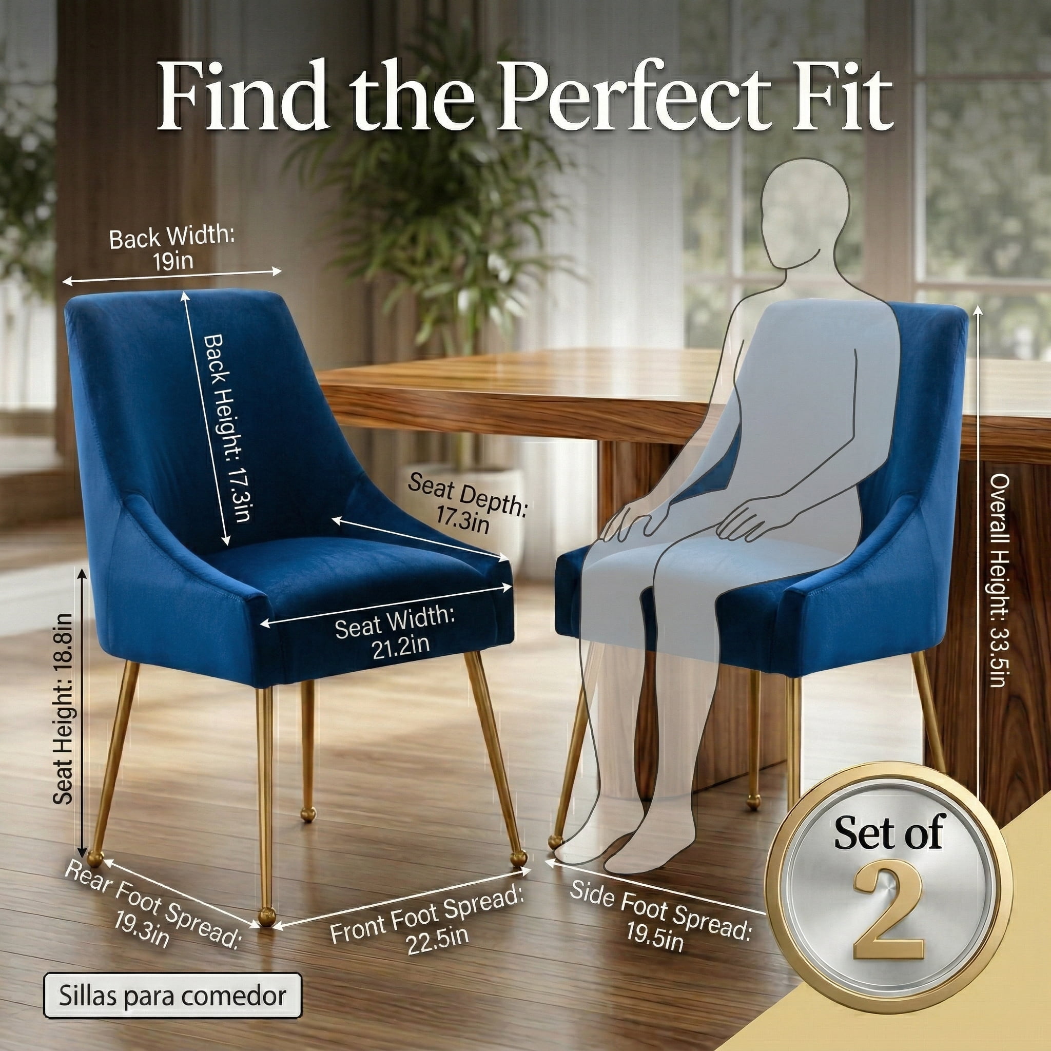 Restworld Velvet Dining Chairs Set of 2, Modern Upholstered Dining Chairs with Gold Metal Legs,Tufted Dining Chairs for Living Room, Bedroom, Kitchen,Blue
