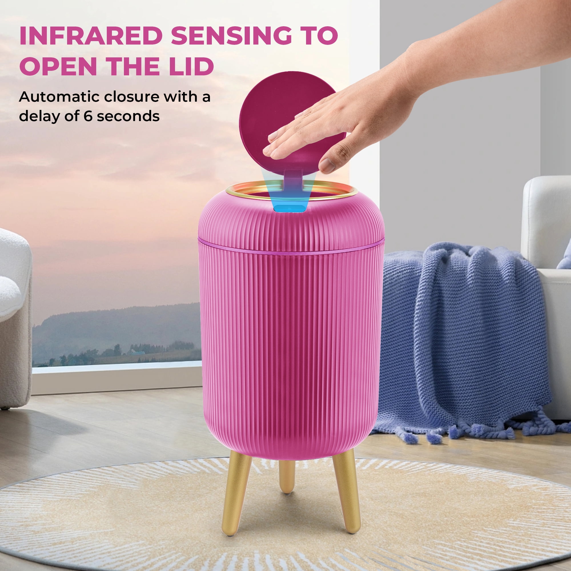 SUSLAS Trash Can with Motion Sensor, Touchless Automatic Lid and Waterproof Design, Smart Waste Bin for Bathroom Kitchen, 2.6 Gallon Plastic,Pink
