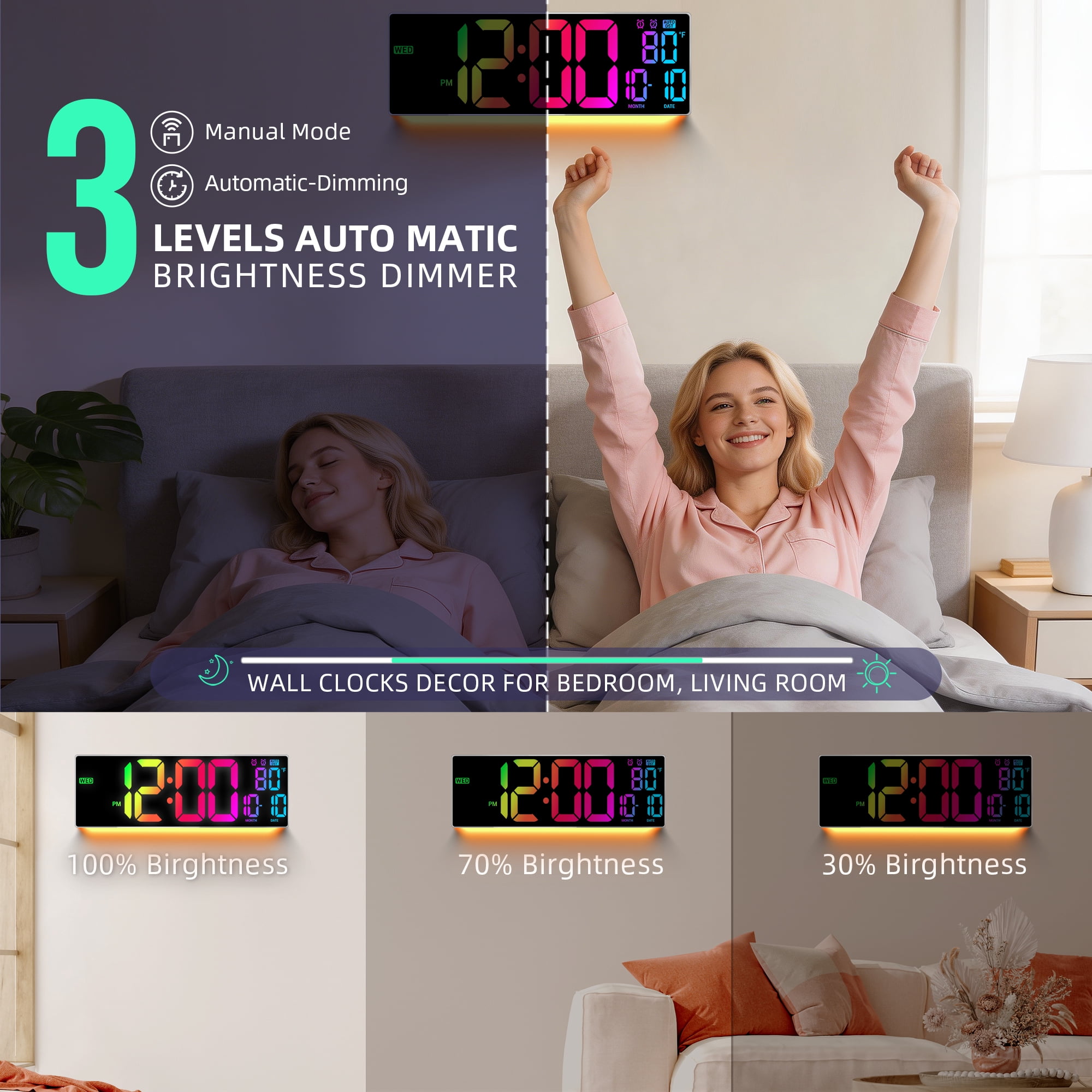 16.5" Large Digital Wall Clock: 11 RGB Color LED Display with Remote Control, Auto DST, Temperature & Date, Big Number Wall Clock for Seniors, Classroom, Office, Gym, Home Decor Khaki