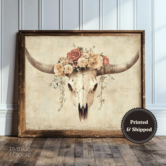 Vintage Bull Skull Art Print Boho Farmhouse Wall Dã©Cor Western Botanical Poster Rustic Floral Country Design UNFRAMED Poster, Wall Art for Decor, Present, 8x12