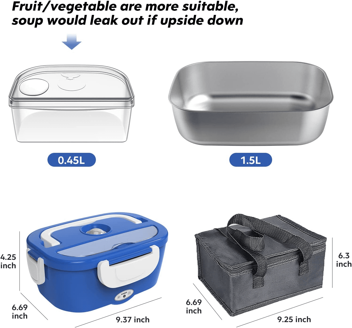 COCOBELA Electric Lunch Box Food Heater 2-In-1 Portable Food Warmer Lunch Box for Car & Home – Leak proof, 2 Compartments, Removable 304 Stainless Steel Container, SS fork & spoon and Carry Bag