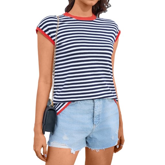 Sweater Vest women Casual Cap Sleeve Tops Crew Neck Striped Sweater Pullover Cute Short Sleeve Clothes Blue S