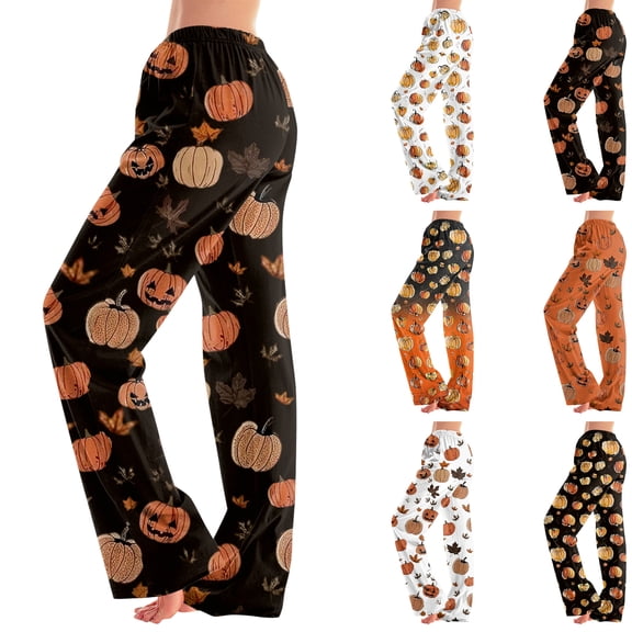 Halloween Pajama Pants for Women, Cute Funny Pumpkin Print Pajamas, Casual Elastic Waist Palazzo Pants Fall Pajamas