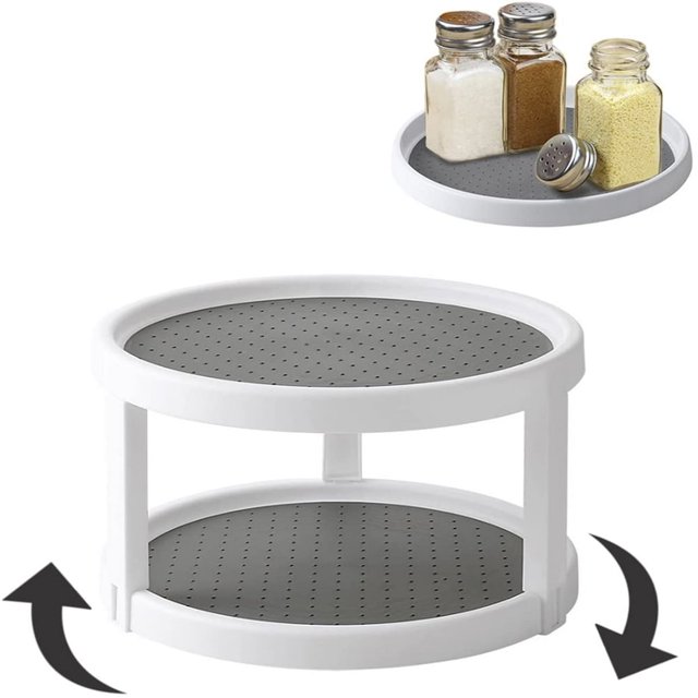 2 Tier Turntable Cabinet Organizer Non Skid Rotating Spice Rack 360 Degree Turntable Organizer for Pantry Cabinet Kitchen