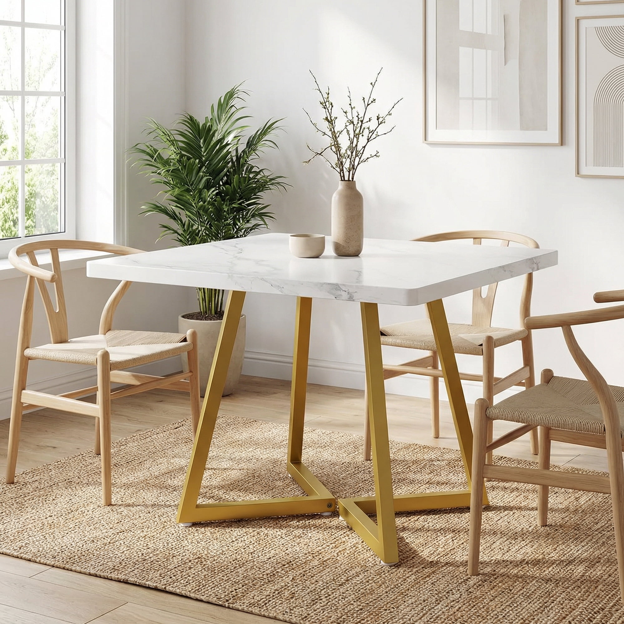 31.5 Inch Square Dining Table, Industrial Style Small Kitchen Table With Sturdy Metal Base, Space-Saving Dinner Table For 2-4 People, White & Gold Finish For Elegant Home Decor