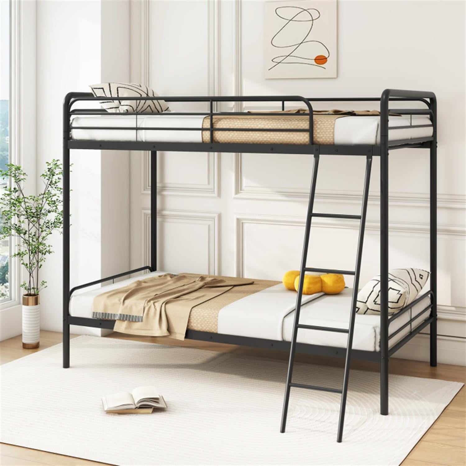 Demi Bonn Heavy Duty Metal Bunk Bed with Ladder and Safety Guardrails, Bunkbeds for Bedroom, No Box Spring Needed, Black