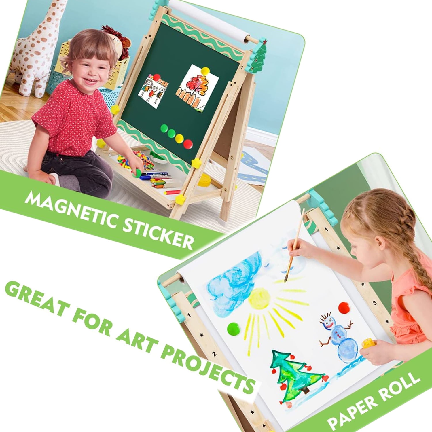 Ealing Kids Easel Wooden Kids Art Easel Double-Sided Standing Easel For  Kids Height Adjustable Preschool Magnetic Art Easel With Paper Roll Storage  Box Watercolor Pen For 2-15 Years Old (Green)