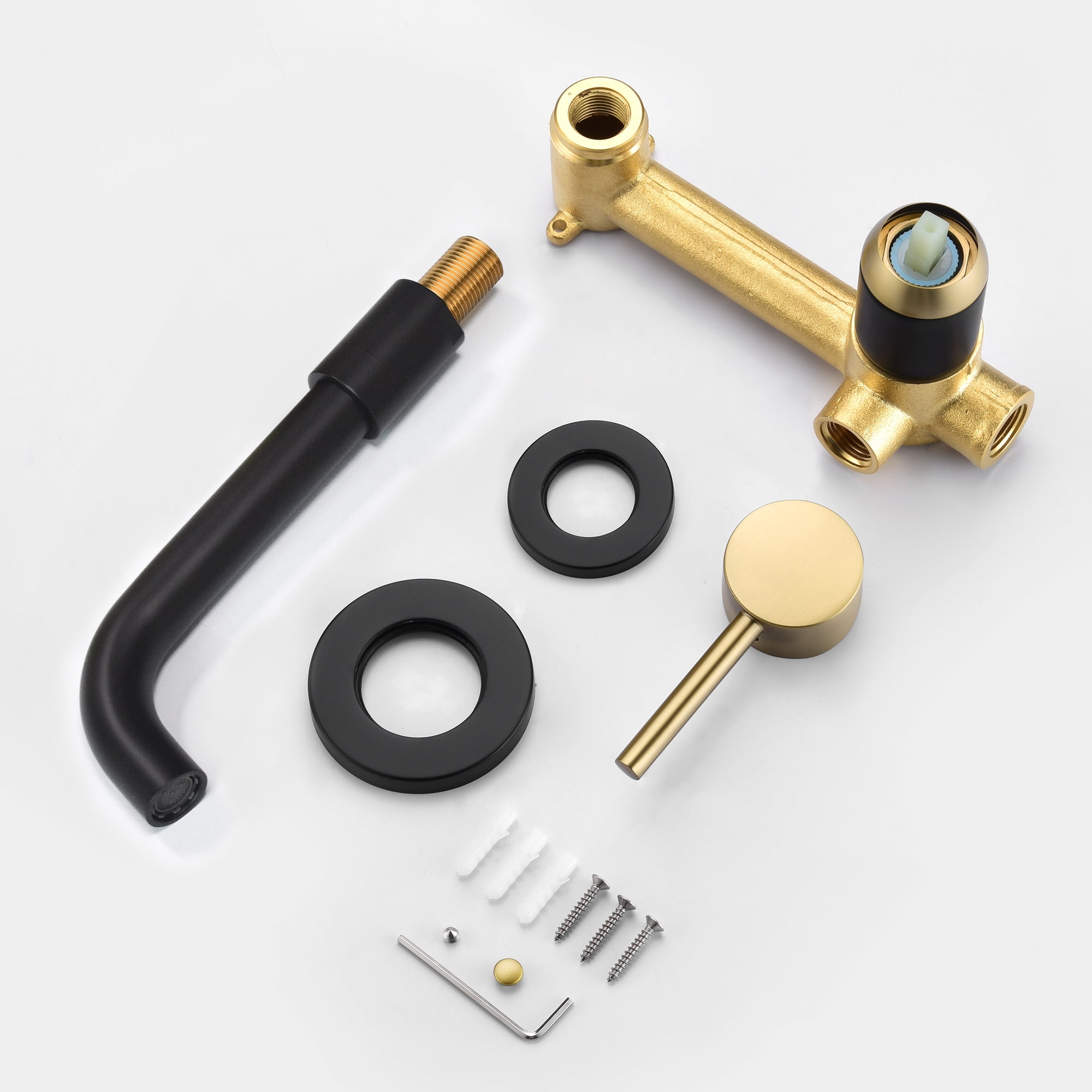 SUMERAIN Wall Mount Bathroom Faucet Black and Gold Wall Mount Faucet for Bathroom Sink, with Two Handles and Rough in Valve