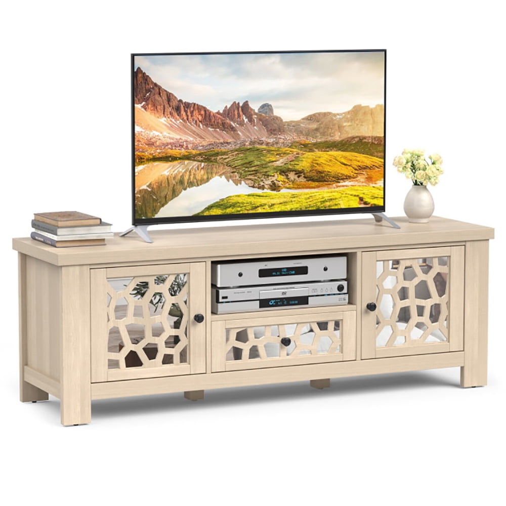 Finihen TV Stand, 55 Inch Retro TV Stand Media Entertainment Center with Mirror Doors and Drawer, for Living Room, Natural