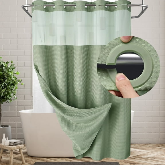 Hadint Hook Free Large Ring Shower Curtain,Green Waffle Lining Fabric Waterproof Bathroom Shower Curtain, 72" W x 75" L