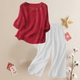 thumbnail image 2 of Women's Casual Embroidered Top and Cotton Linen Long Pants Two Piece Set, Summer Beach Vacation Outfit with High Waist Wide Leg Trousers and Side Pockets for Daily Wear Red M, 2 of 6