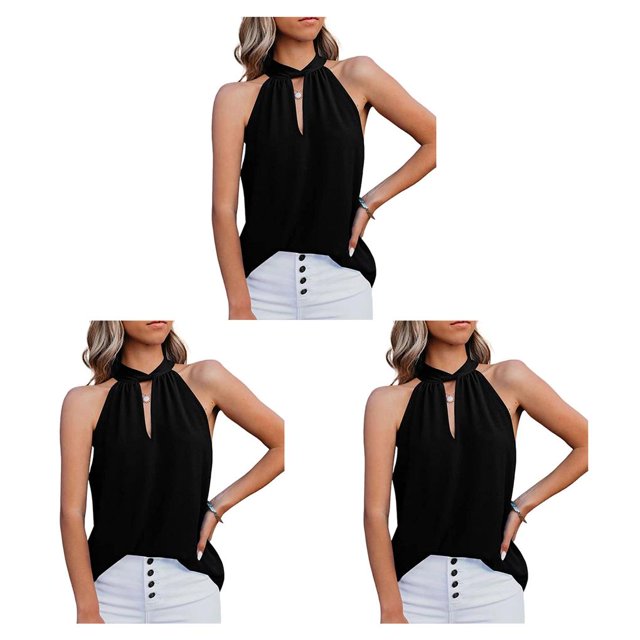 Blusa sin mangas para mujer Qarigey suéter informal cuello de lazo Top de verano Negro SG 3Conjunto