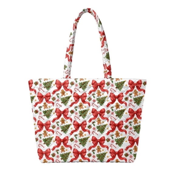 XYZCANDO Christmas Bow Print Padded Shoulder Tote Bag, Large Capacity Holiday Carryall Purse for Women, Cute Festive Handbag for Shopping Travel Xmas Gift