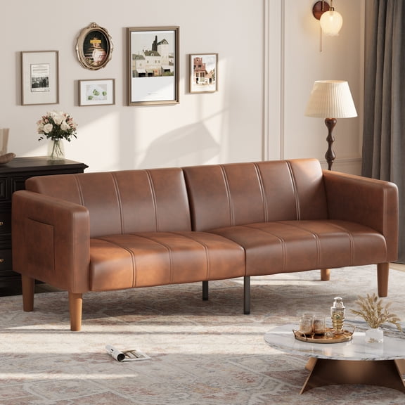 75" Futon Sofa Bed,PU Leather Couch with Upholstered Cushions,Mid-Century Couch, Loveseat for Living Room, Bedroom, Office
