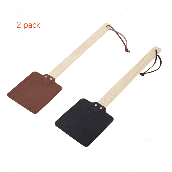 2pcs Fly Swatters, Leather Flyswatter Manual Heavy Duty Fly Swatter with Long Wooden Handle Hollow Out Wasp Swatter for Home Indoor Outdoor Kitchen-16.5" Length(Brown Black)