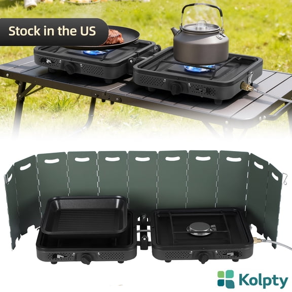 Kolpty Portable Dual Burner Camping Stove with Windshield Folding Outdoor Cooktop 20000 BTU