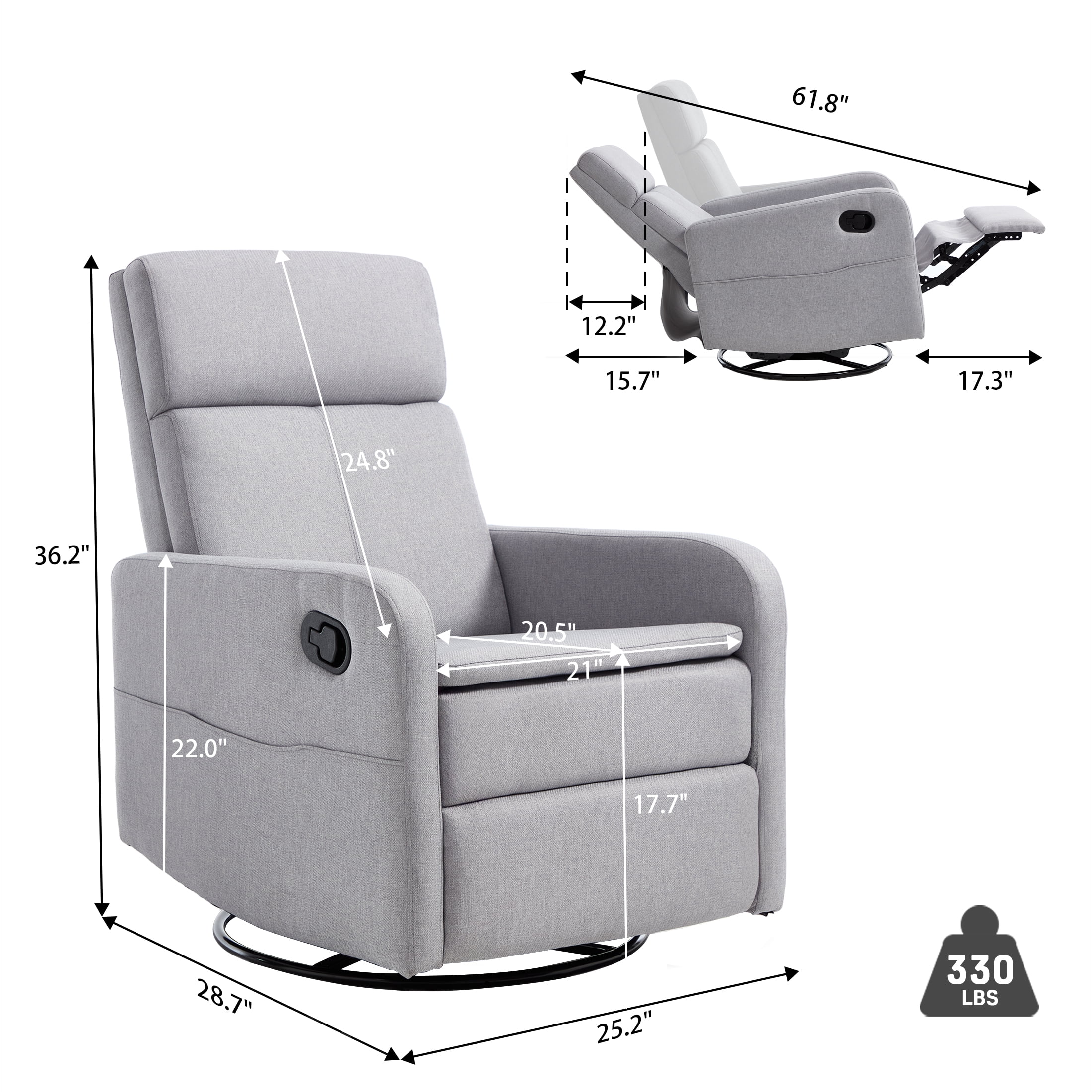 Sfxingyou Swivel Rocking Recliner Chair for Adults, Fabric Solid Print Reclining Sofa for Living Room with Adjustable Headrest