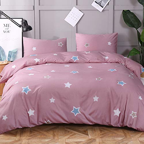 Cosics 100 Cotton Duvet Cover King, 3pcs Star Printed Pink Bedding