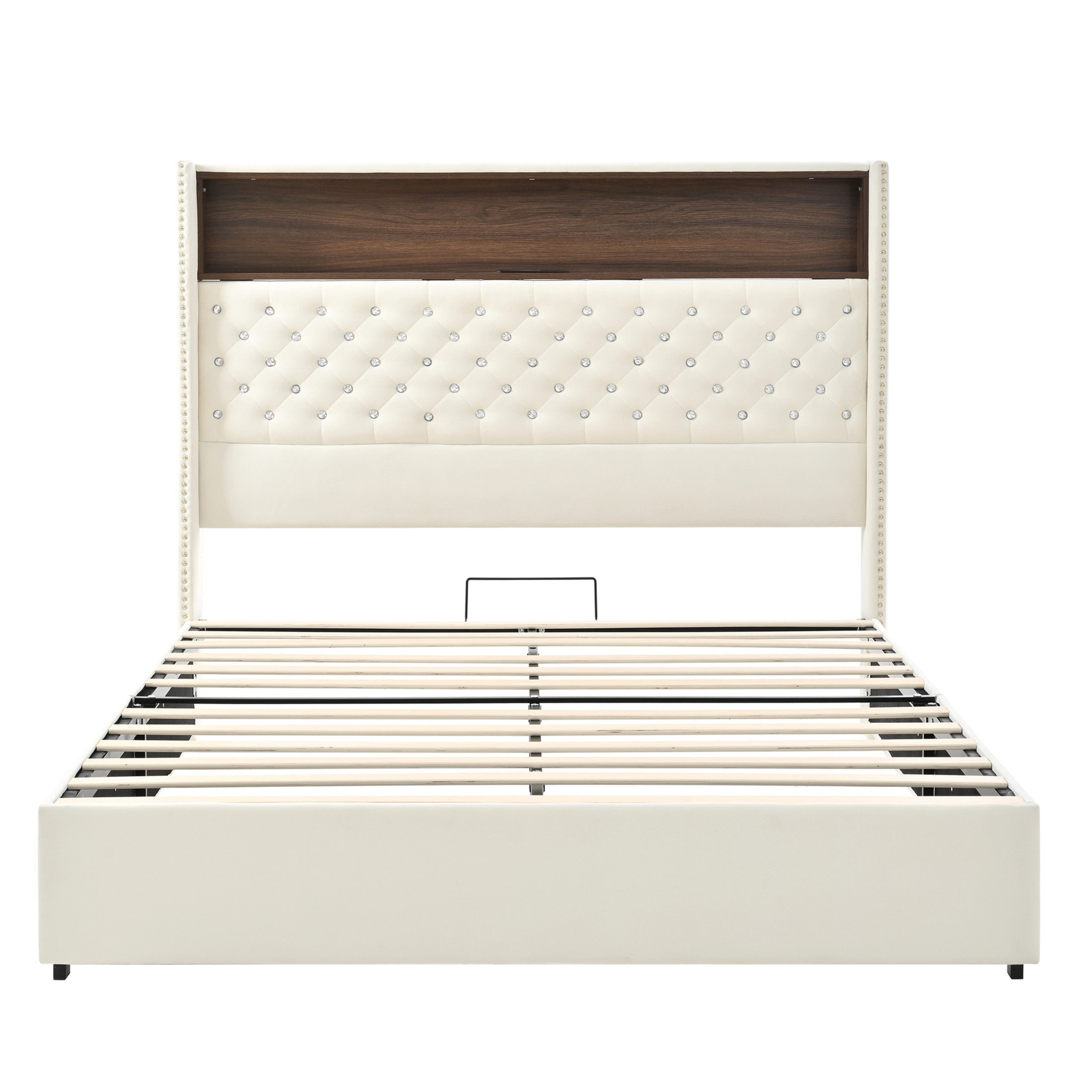 Noble House Queen Size Velvet Tufted Bed Frame with USB Port, Night Light, 52" Rivet-Decor Headboard,Headboard Shelf, Beige