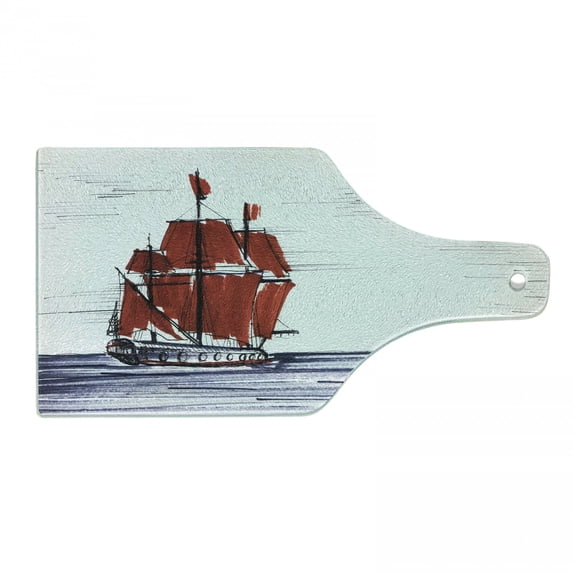 Sketchy Cutting Board, Sailing Ship Floating on the Sea Drawing Style Nautical Maritime Theme, Tempered Glass Cutting and Serving Board, Wine Bottle Shape, Dark Purple Ruby Black, by Ambesonne