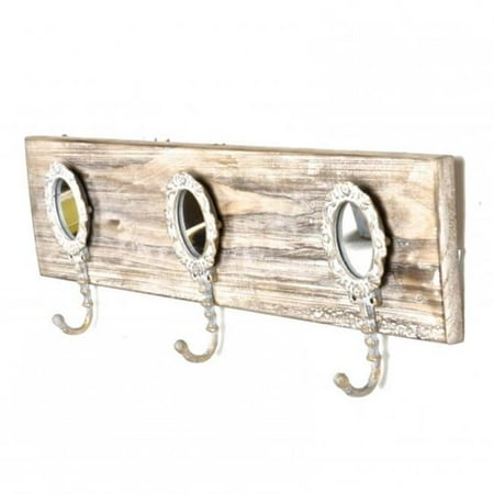 

Hi-Line Gift LCD-020 Vintage Style Wall Mounting Wooden Rack - 3 Decorative Hooks with Mirrors