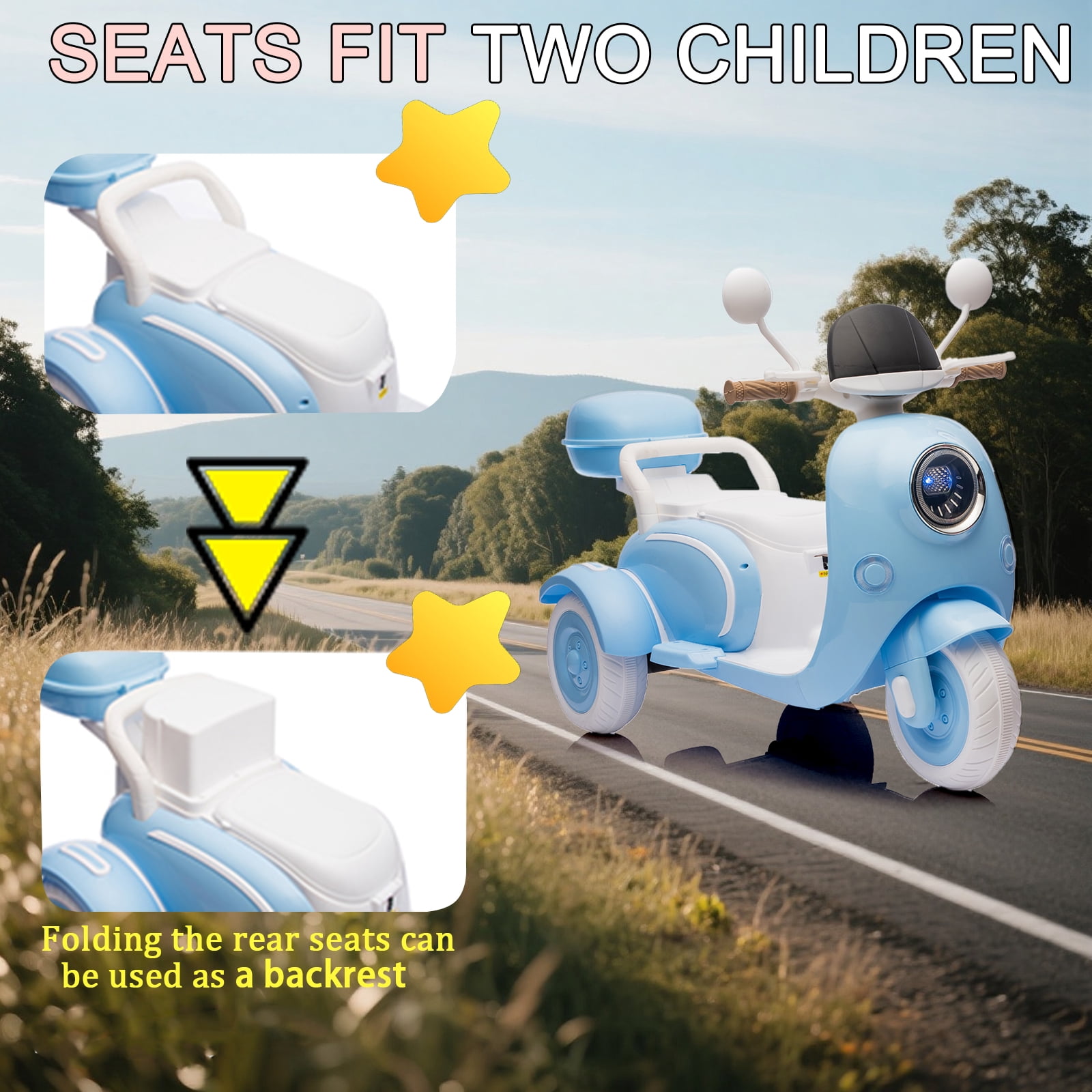 FINITO 12V 2 Seater Kids Electric Motorcycle, 3 Wheel 2WD Electric Bike with Storage Box, Bluetooth Music, LED Light Blue