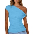 thumbnail image 4 of Womens Ruched One Shoulder Top, Slim Fit Cropped Stretchy Blouse with Gold Buckle for Party Date Night Going Out, Sky Blue,Size XL, 4 of 9