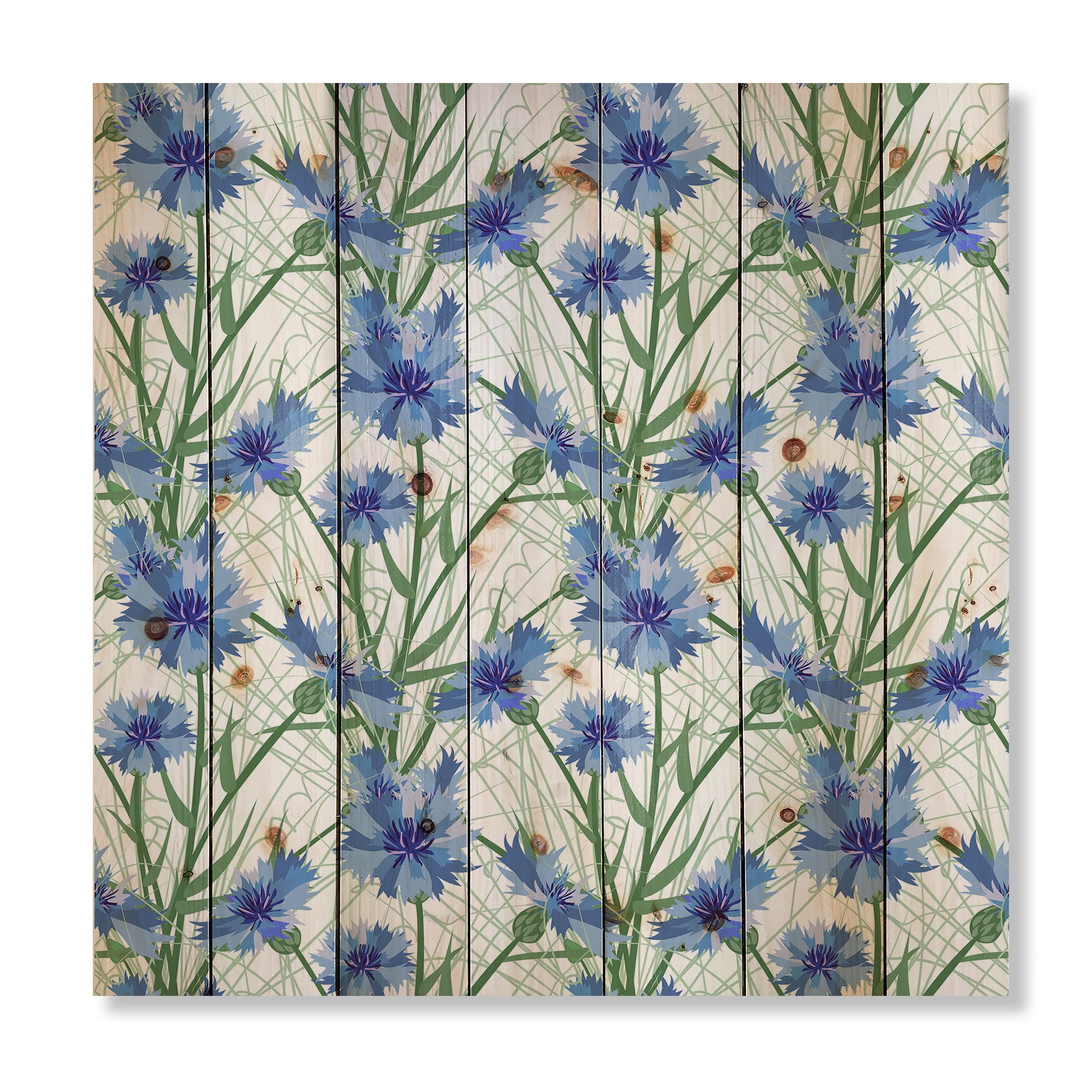 Designart 'Blue Cornflowers With Green Leaves On White I' Traditional Print on Natural Pine Wood