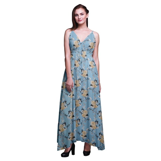 Bimba Robe de Plage Bohème Sans Manches Longue Maxi à Bretelles Imprimée Florale pour Femmes-Moyenne