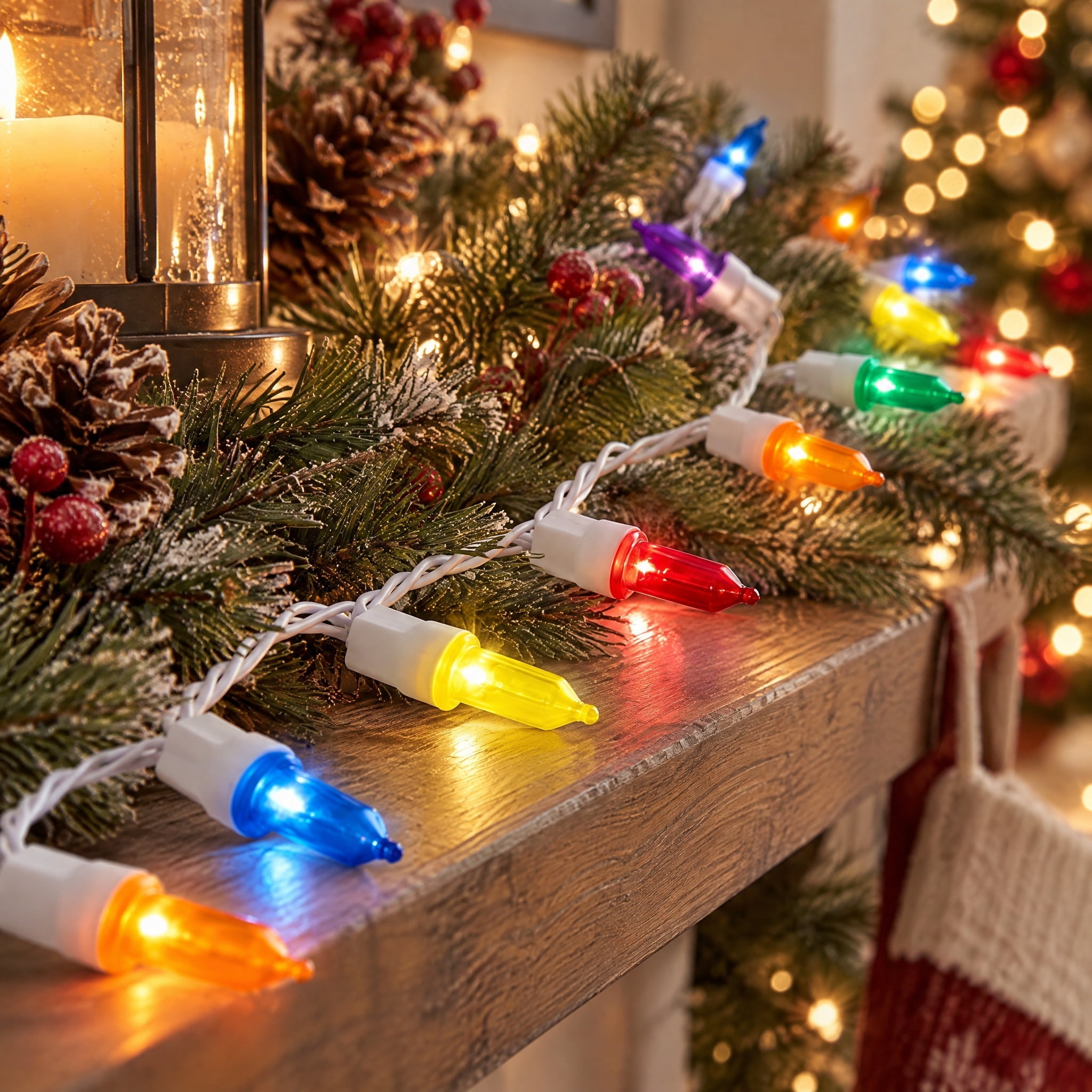 Indoor/Outdoor 100-Count LED Mini Christmas String Lights, Multicolor, White Wire, 19.5', by Holiday Time