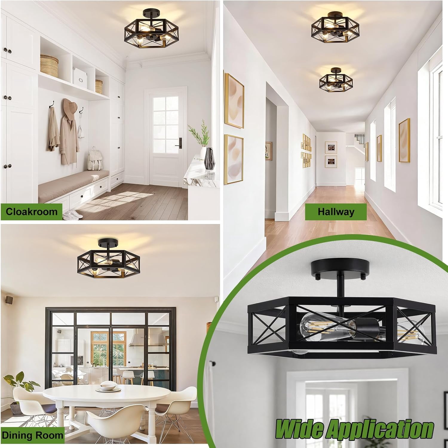 3-Light Kitchen Light Fixtures Ceiling Mount, Black Semi Flush Mount Ceiling Light for Dining Room Light Fixture, Farmhouse Close to Ceiling Lights with Metal Hexagon Cage for Bedroom Hallway