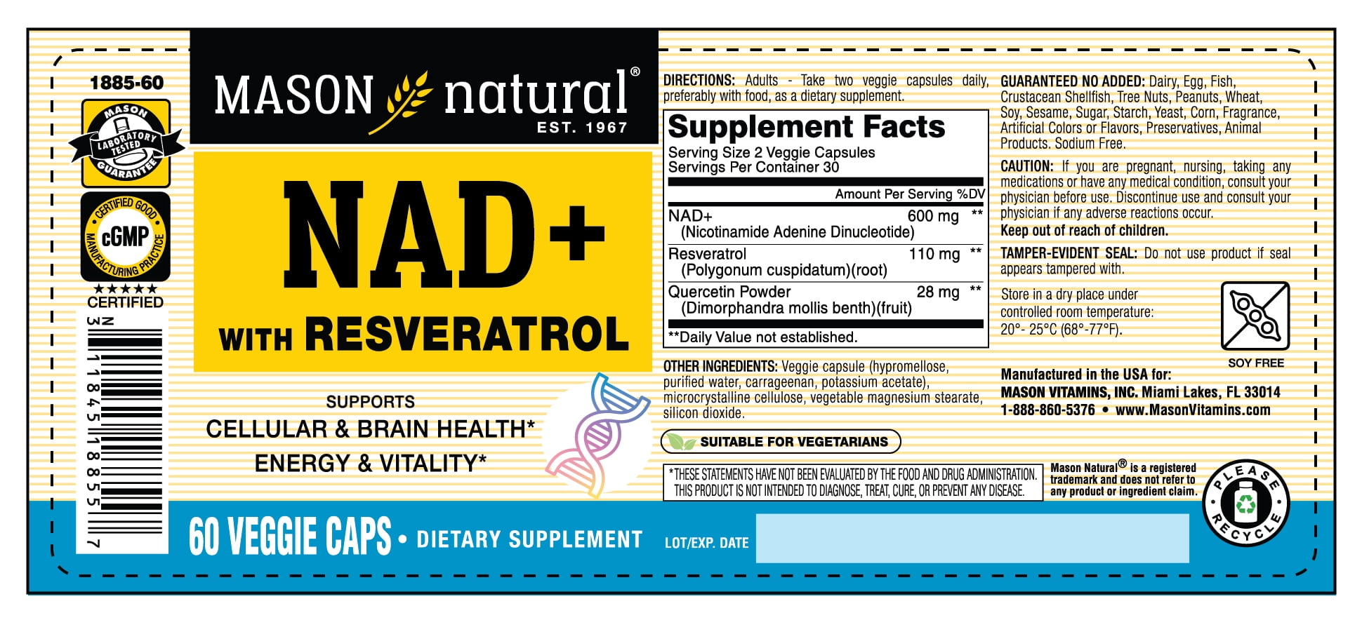 Mason Natural NAD+ with Resveratrol & Quercetin, 600 mg NAD+ Formula, Cellular Energy & Antioxidant Support, Brain Health & Vitality, Suitable for Vegetarians, 60 Capsules