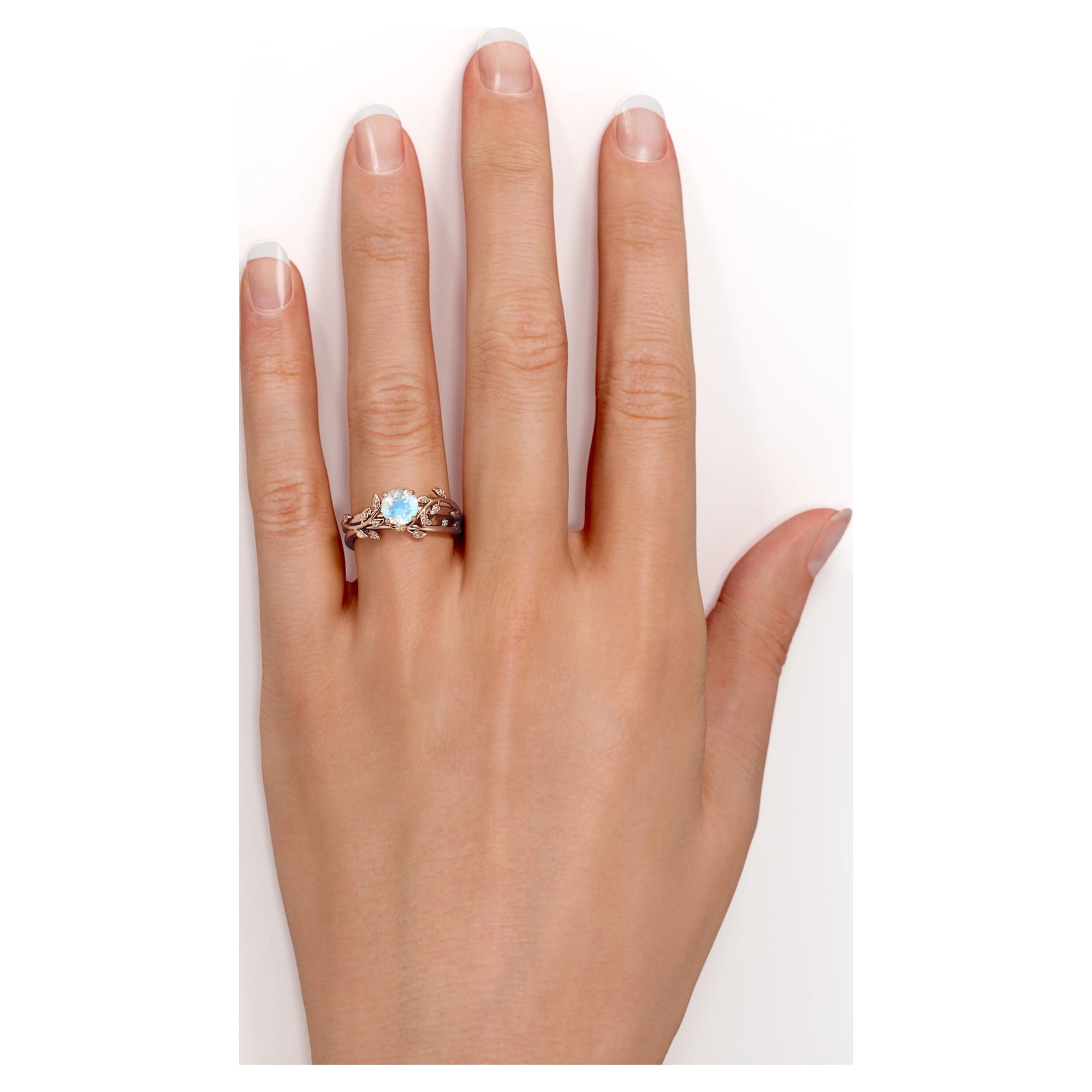 JeenMata 0.50 Carat Round Faceted Blue Moonstone Wedding Set - Intricate  Vintage Moonstone Ring - 18k White Gold over Silver