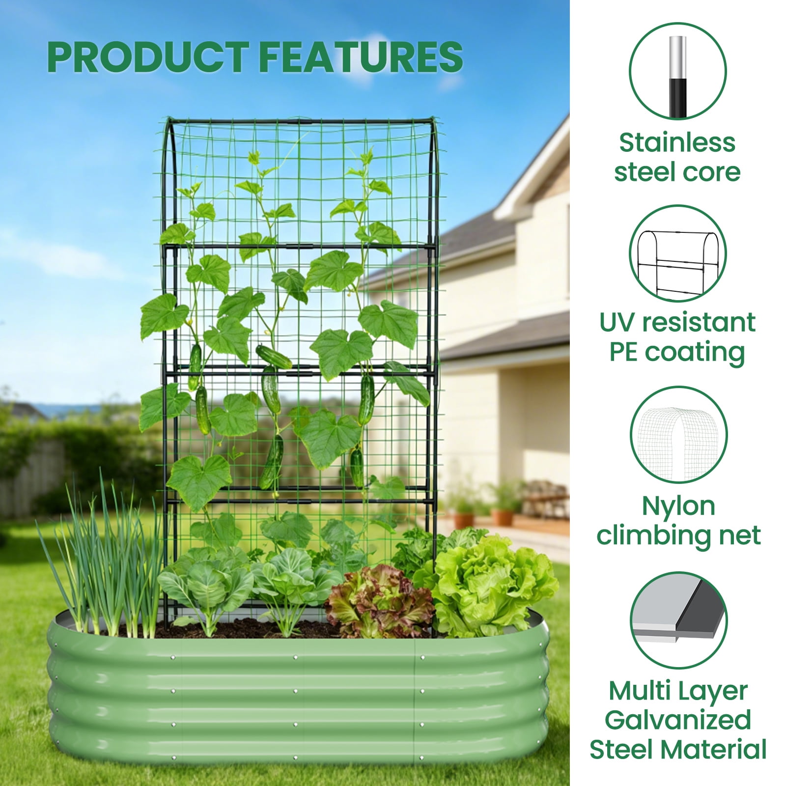 MOPHOTO 71inch Raised Garden Bed Arched Trellis Galvanized Planter Backyard Box Outdoor for Gardening,Climbing Vegetables,Plants,Flowers(Green)
