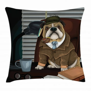 English Bulldog Throw Pillow Cushion Cover, Traditional English Detective Dog with a Pipe and Hat Sherlock Holmes Image, Decorative Square Accent Pillow Case, 16 X 16 Inches, Multicolor, by Ambesonne