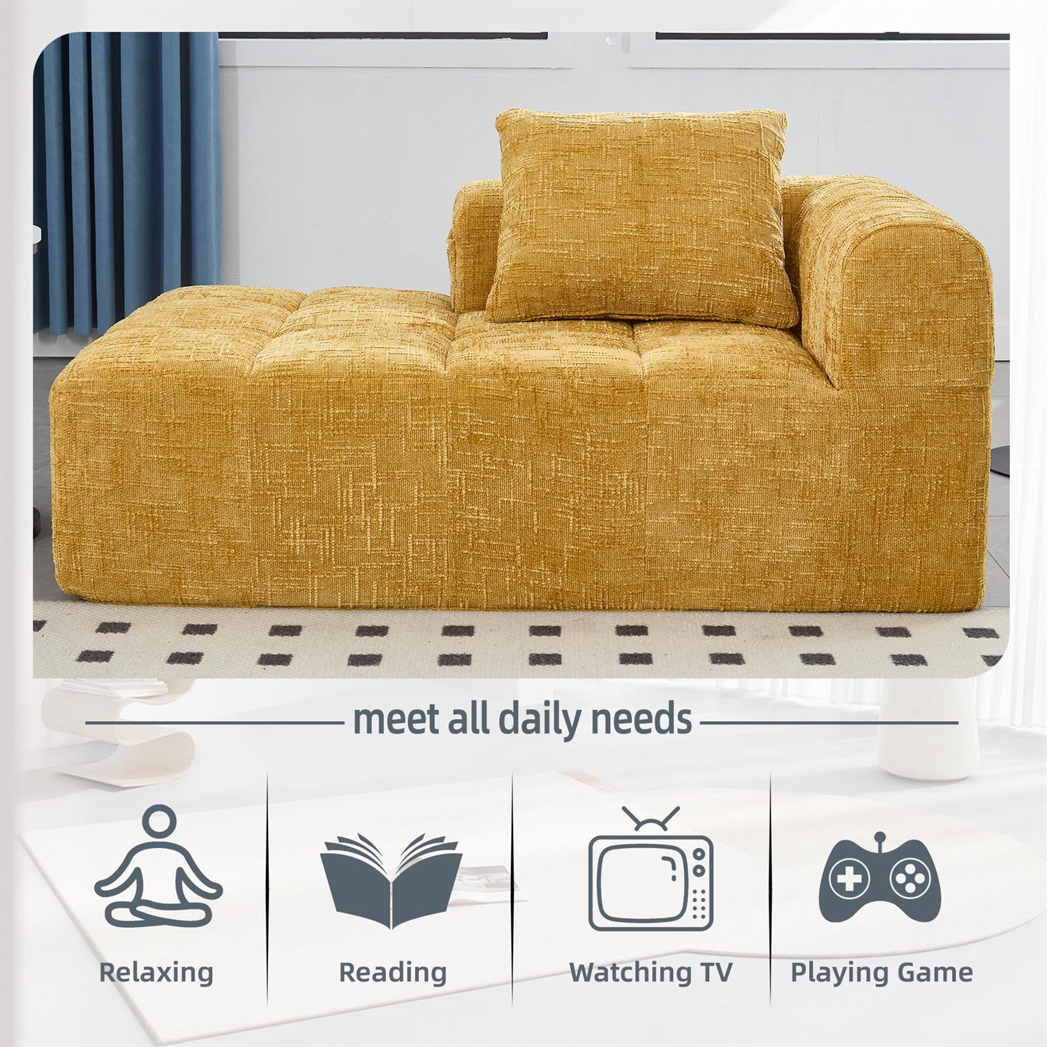 Demi Bonn 62" Plush Chenille Loveseat Sofa, Modular Sleeper for Living Room, Bedroom, Apartment Lounge, Stylish & Comfortable Couch, Yellow