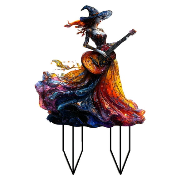 Bruja gótica tocando el piano, estaca de jardín acrílica 2D, decoración mística con temática musical para exteriores oscuros (19,6 x 30 cm/7,7 x 11,8 pulgadas)