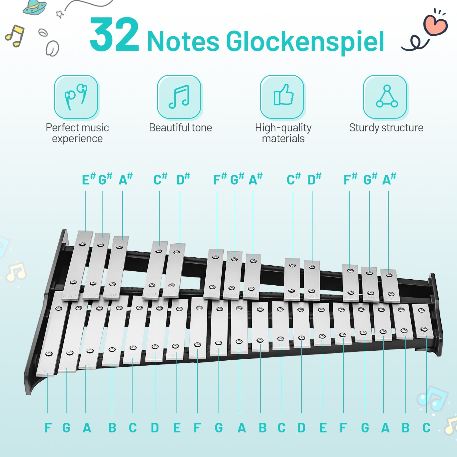 Topbuy 32 Notes Percussion Glockenspiel Bell Kit Xylophone with Adjustable Stand&8'' Practice Pad