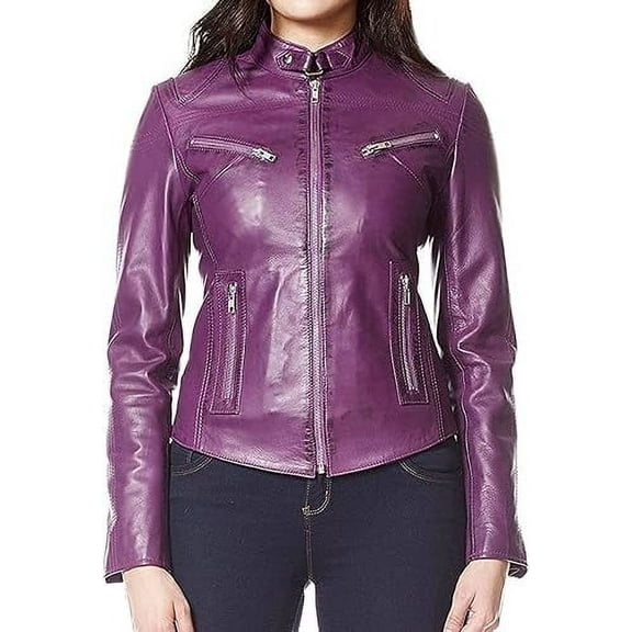 Womens Genuine Purple Lambskin Leather Jacket Motorcycle Biker Leather Jacket W657