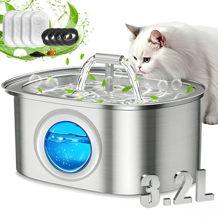 Cat Water Fountain Stainless Steel, YUWENUS 108oz/3.2L Pet Fountain with Water Level Window, Dog Water Dispenser Drinking Fountain with 4 Replacement Filters for Cats, Dogs, Multiple Pets