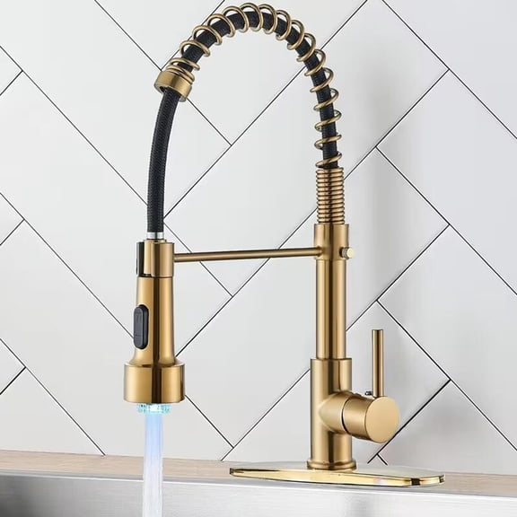 Brushed Gold led Kitchen Sink Faucet Single Handle w/Pull Down Sprayer LED Mixer Tap w/cover plate