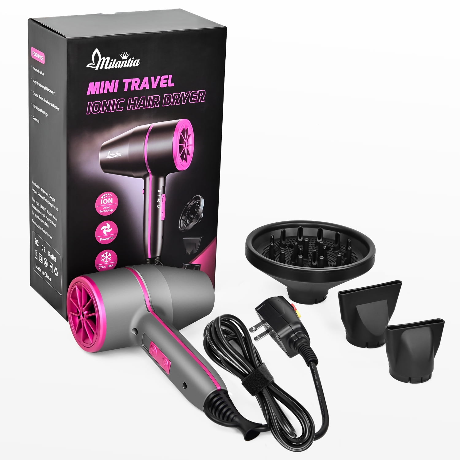 1875W Compact Ionic Hair Dryer for Fast Drying Frizz Control & Shiny Hair, Quiet & Compact for Home & Travel (Dark Grey)