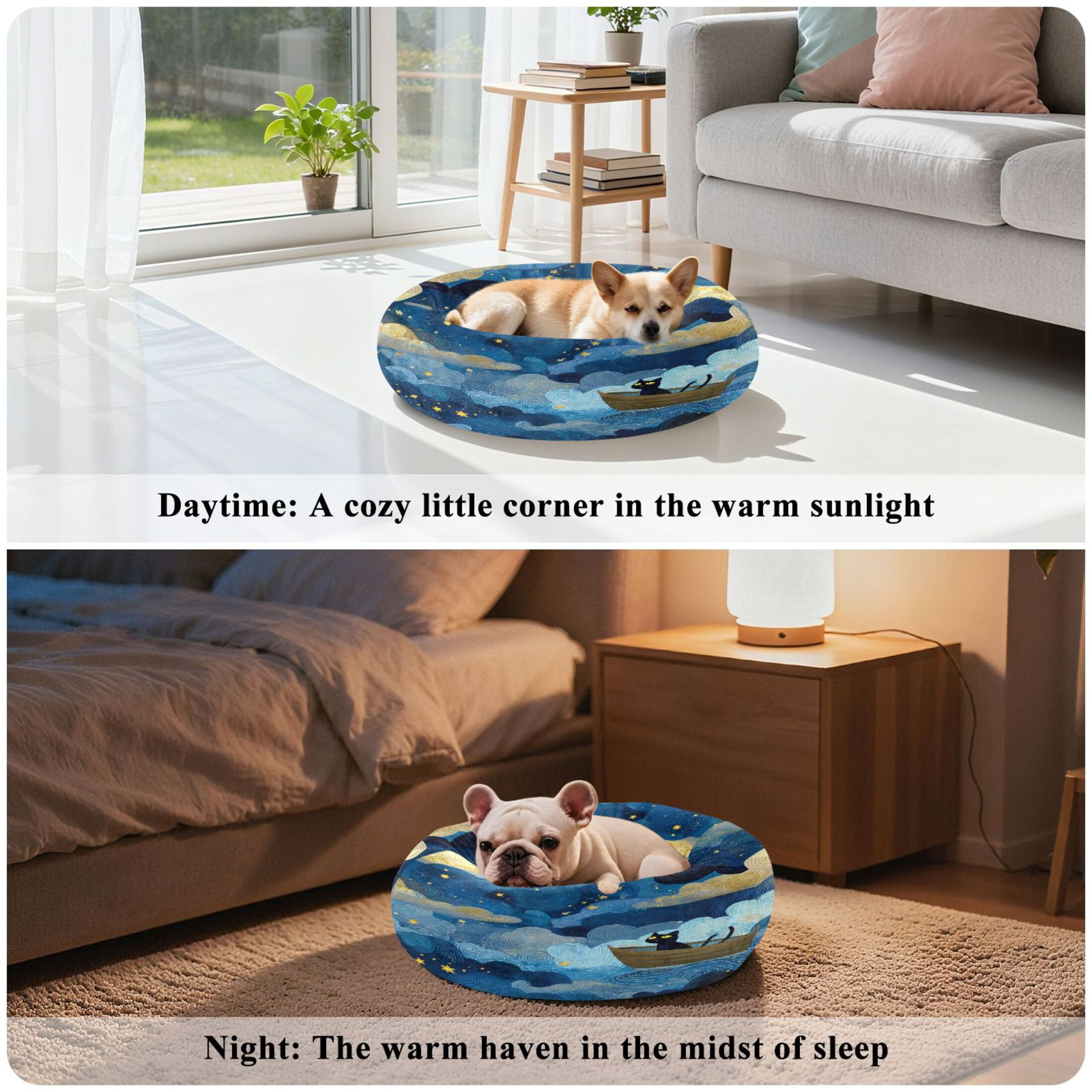 Iauyy Pet Couch Donut Cat Bed for Indoor Cats/Small Dogs Washable & Machine with Non-slip Bottom Calming Cat Furniture, Cat Is Rowing Boat (M)