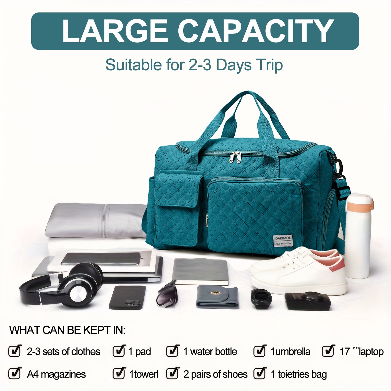 DAKIMOE Travel Duffle Bag for Women Men, Weekender Overnight Bags Carry on Gym Bag with Wet Pocket/Adjustable Strap/Shoe Compartment, Foldable Waterproof Duffel Tote for Plane Sports Dance, Blue