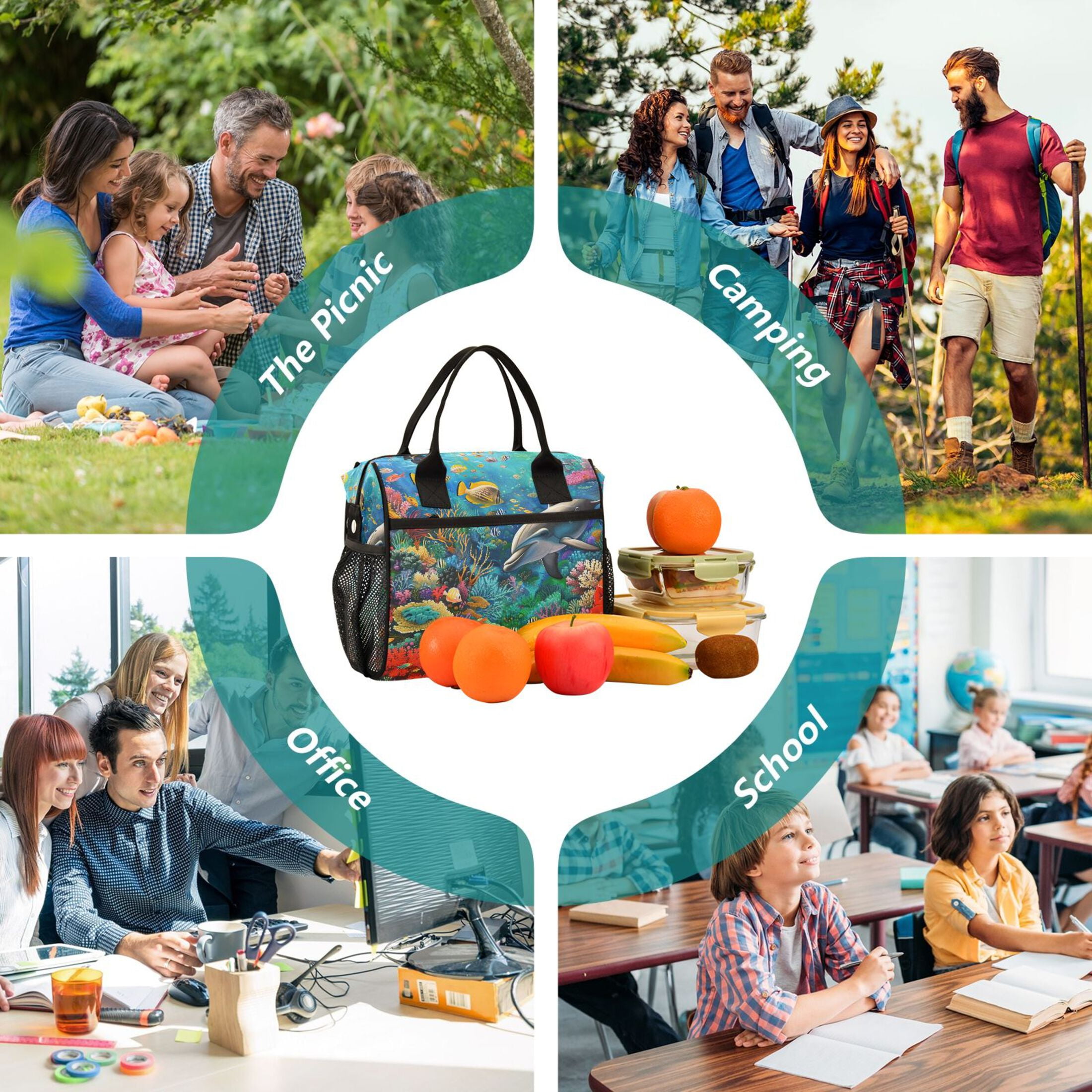 ALAZA Dolphin Fish Coral under Sea Insulated Lunch Bag Reusable Tote Box Adjustable Shoulder Strap for Work Picnic