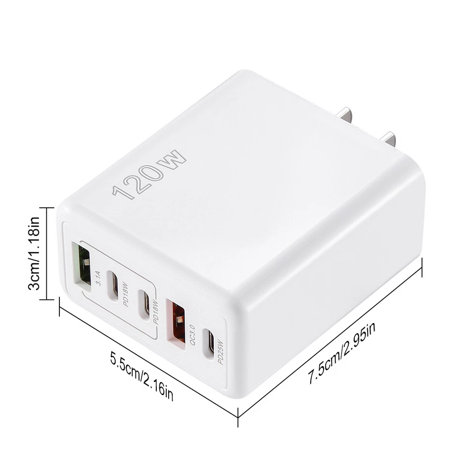 Fast Usb C Charging Station 120W 3Pd+2Usb Charger Block Multiport Hub Portable